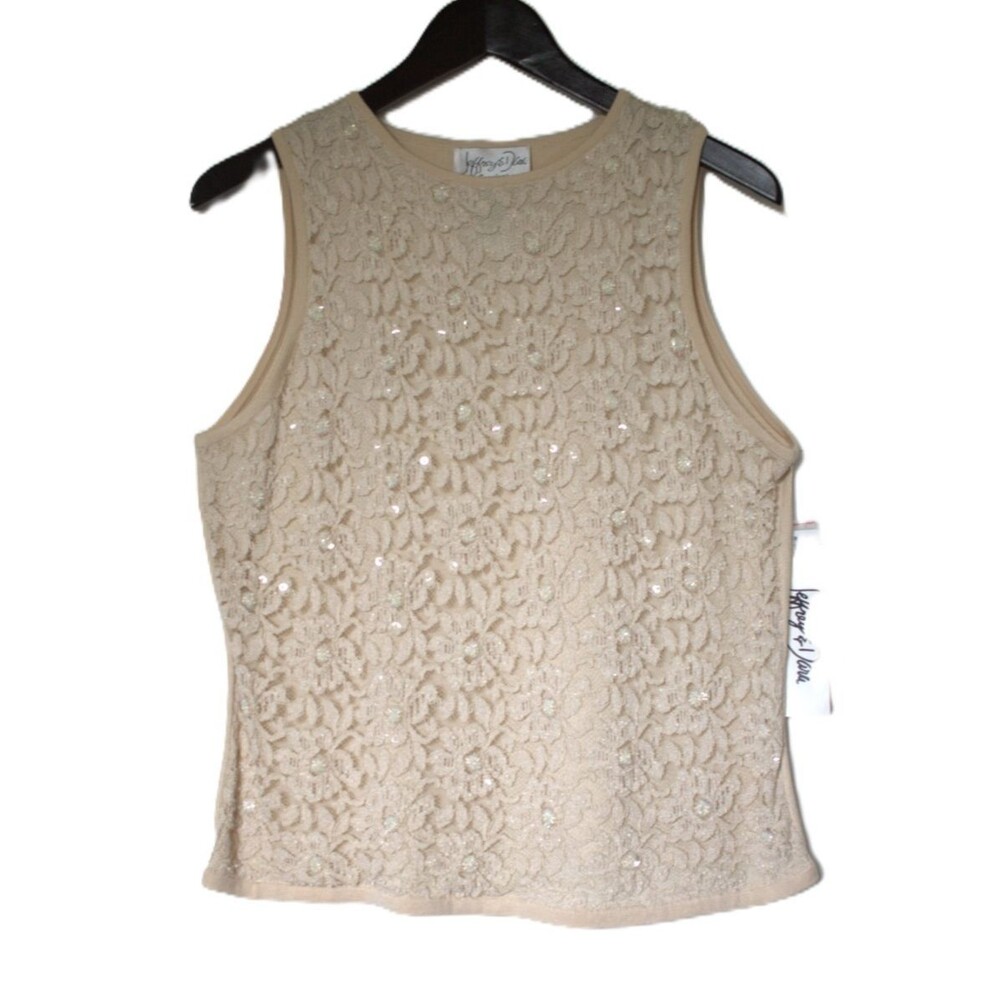 Jeffrey & Dara Evenings By Tom Barra Beige Lace Bead Sequin‎ Tank Top Size XL